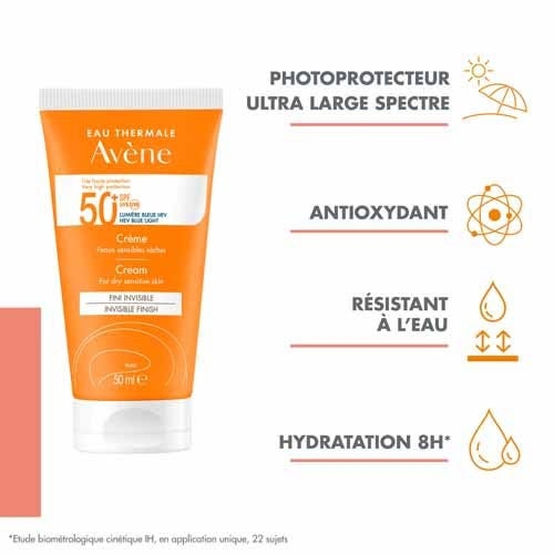 AVENE Solaire Crème SPF50+ 50ml - Protection et Hydratation 8h