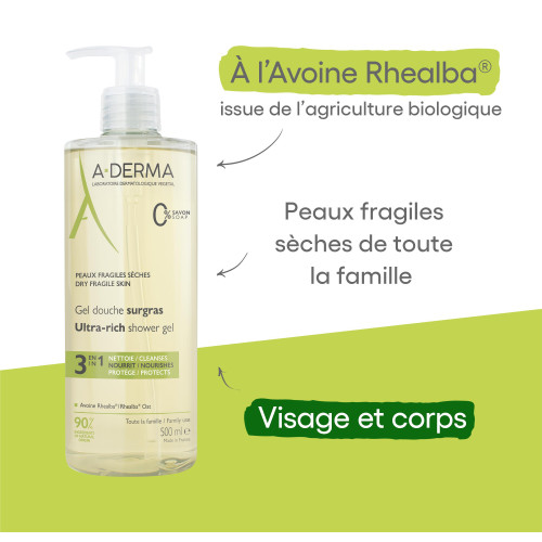A-Derma Gel Douche Surgras 500 ml Peaux Sèches et Fragiles Pharma360