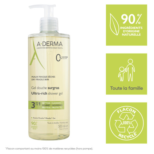 A-Derma Gel Douche Surgras 500 ml Peaux Sèches et Fragiles Pharma360