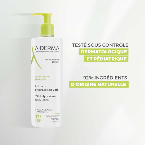 A-DERMA Lait Corps Hydratation 72H 400 ml Peau Douce et Protégée