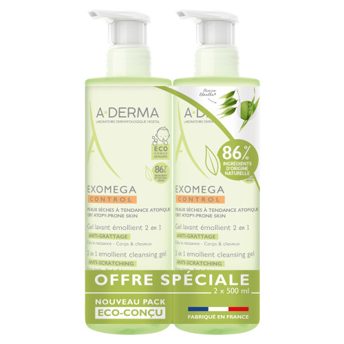 Aderma Exomega Control Bébé Duo Gel 2x500ml - Apaise Peaux Sèches