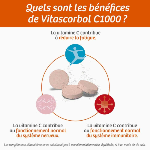 COOPER Vitascorbol 1G: 20 Comprimés Effervescents Vitamine C