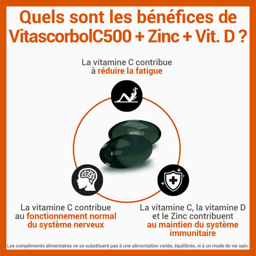 VITASCORBOL Vitamine C500mg + Zinc + Vitamine D 30 Capsules