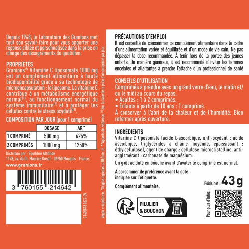 Granions Vitamine C Liposomale 1000 mg 60 Comprimés Énergie Immunité