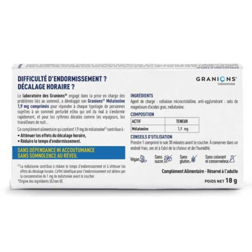 Granions Mélatonine 1,9 mg 30 comprimés Sommeil rapide Pharma360