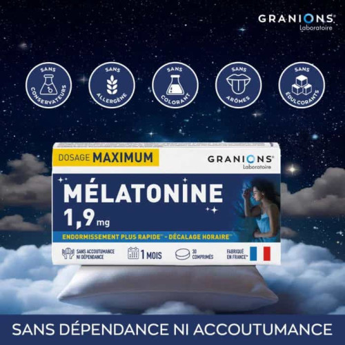 Granions Mélatonine 1,9 mg 30 comprimés Sommeil rapide Pharma360