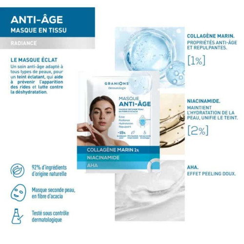 Granions Masque Éclat Seconde Peau Anti-Âge Hydratant Intense Pharma360