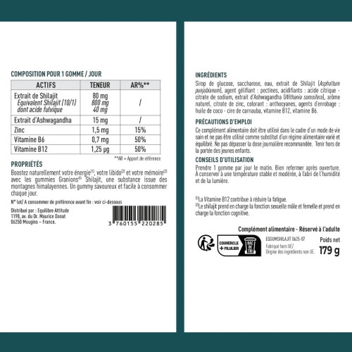 Granions Shilajit 800 mg 60 Gummies Boost Énergie Libido Mémoire