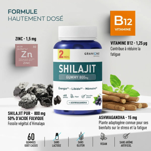 Granions Shilajit 800 mg 60 Gummies Boost Énergie Libido Mémoire