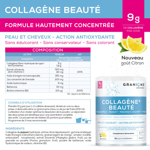 Granions Collagène+ Beauté Citron 250g Peau Ferme Cheveux Brillants