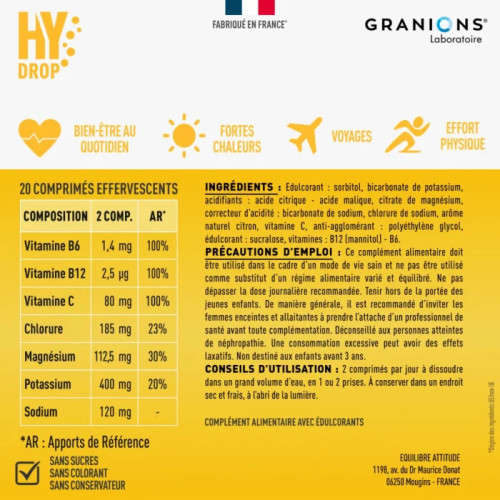 Granions HyDrop 20 Comprimés Effervescents Hydratation Vitamines