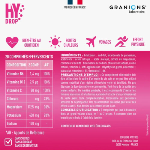 Granions HyDrop 20 Comprimés Effervescents Hydratation Vitamines