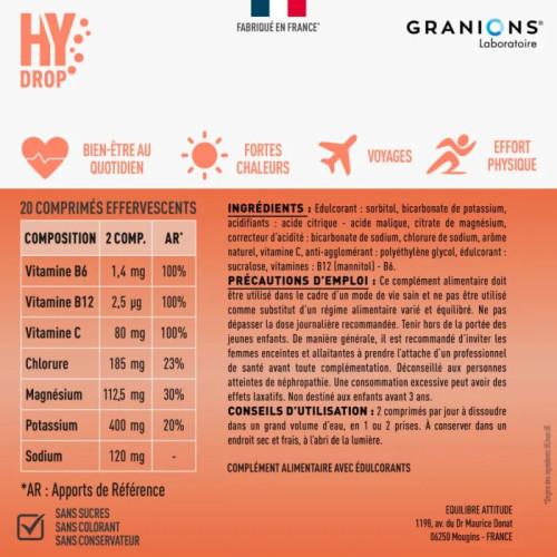 Granions HyDrop 20 Comprimés Effervescents Énergie et Hydratation