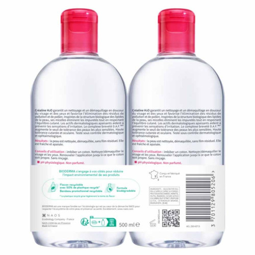 BIODERMA Créaline H2O 2x500mL - Nettoyage doux et efficace