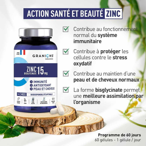 Granions Zinc 15mg 60 gélules - Immunité Peau Cheveux