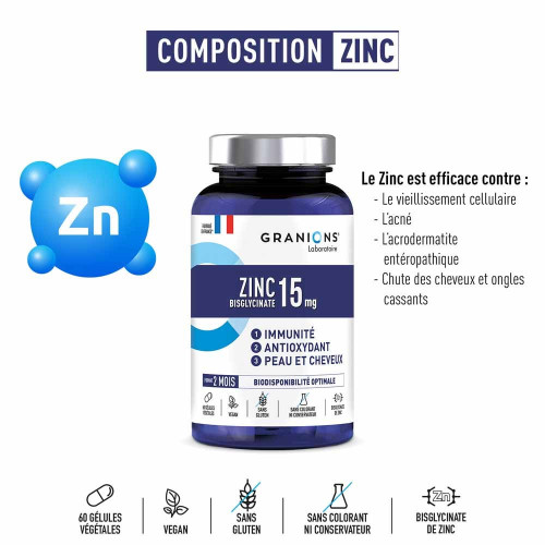 Granions Zinc 15mg 60 gélules - Immunité Peau Cheveux