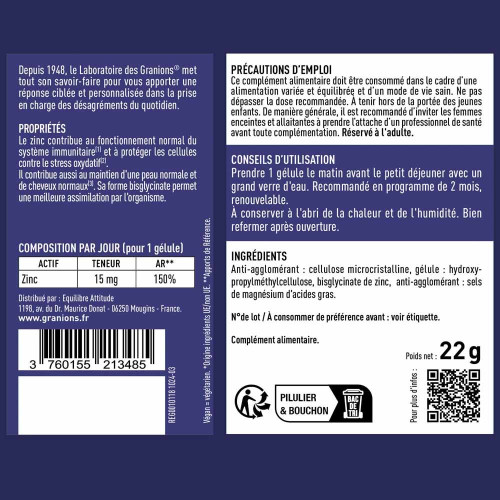 Granions Zinc 15mg 60 gélules - Immunité Peau Cheveux