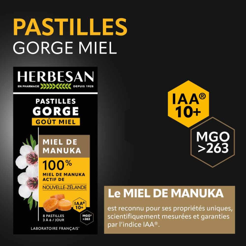 Pastilles Gorge Miel de Manuka IAA 10+ 8 pastilles