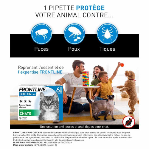 Frontline Spot-On Chat 3 Pipettes Élimine Puces Tiques Pharma360