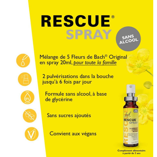FLEURS DE BACH Rescue Spray Sans Alcool 20 ml Bien-être Émotionnel