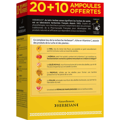 Herbesan Miel Gelé Royale - 30 Ampoules - Vitamine C & Détox Naturelle