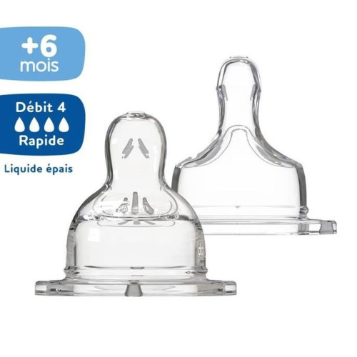 Sensation+ 2 Tétines Plate Col Large 6 Mois et + Débit 4 Liquide Épais