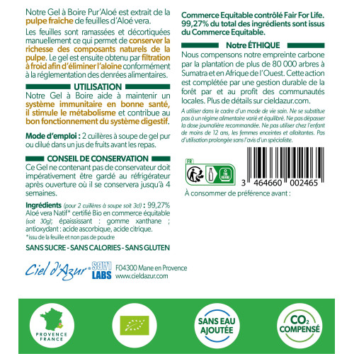Pur Aloé Gel Aloe Vera Bio 1000ml - Bienfaits Naturels sur