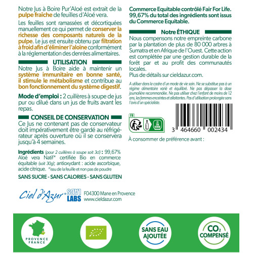 Pur Aloé Jus d'Aloe Vera Bio 1000ml - Bienfaits naturels sur