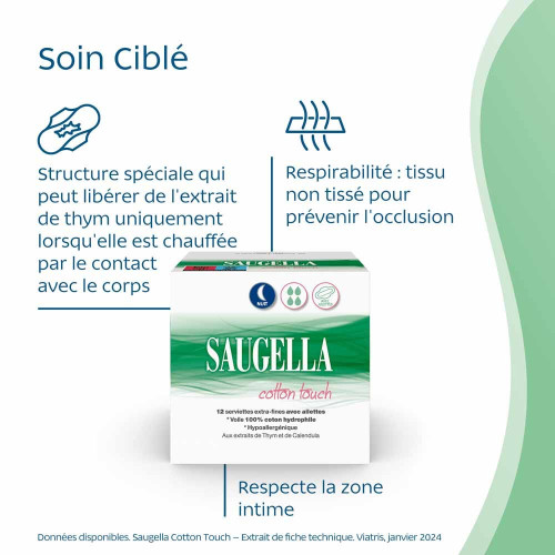 Saugella Cotton Touch Nuit 12 Serviettes Extra-Fines