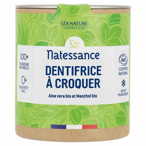 Natessance Dentifrice Croquer Aloé Vera Menthol 80 Comprimés - Haleine Fraîche, Dents Blanches