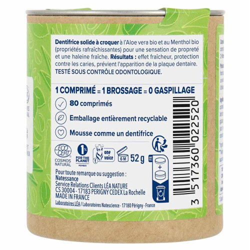 Natessance Dentifrice Croquer Aloé Vera Menthol 80 Comprimés - Haleine Fraîche, Dents Blanches
