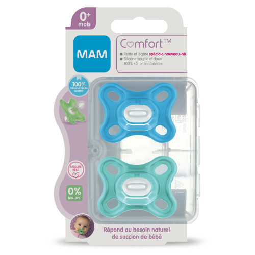 MAM Comfort 2 Sucettes Silicone 0+ Mois - Apaisantes, Orthodontiques