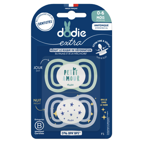 Extra sucette anatomique silicone Nuit 0-6 mois 2 sucettes