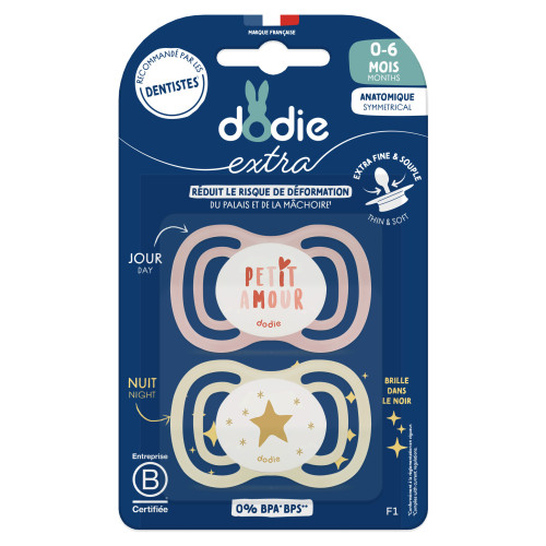 Extra sucette anatomique silicone Nuit 0-6 mois 2 sucettes