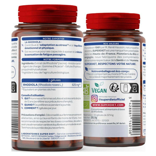 Superdiet Rhodiola Bio 90 gélules - Réduit stress et fatigue - Pharma360