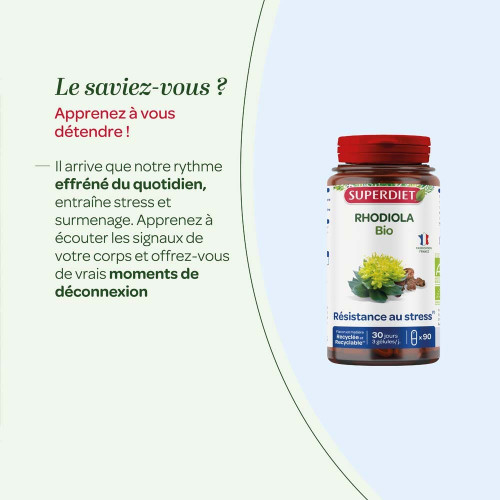 Superdiet Rhodiola Bio 90 gélules - Réduit stress et fatigue - Pharma360