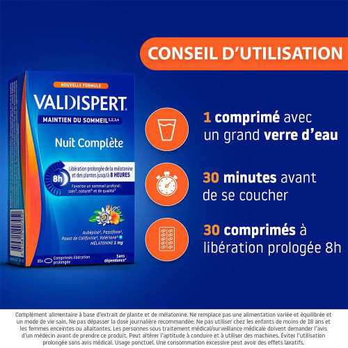 Valdispert Nuit Complète : Sommeil profond & naturel en 8h - 30 cpr LP