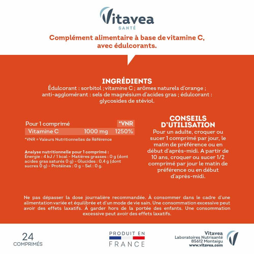 Vitamine C 1000mg Vitavea - Comprimés croquants, 312% VNR
