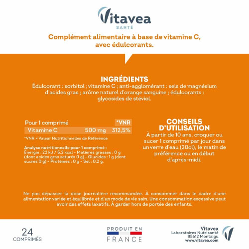 Vitavea Vitamine C 500mg - Comprimés croquants, 24 pièces, sans sucre