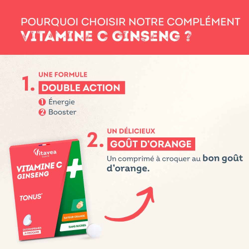 VITAVEA Vit C+Ginseng : Énergie & Vitalité - 24 Cpr Croquables