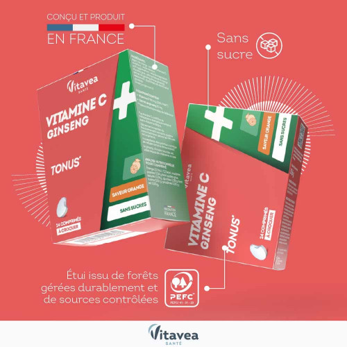 VITAVEA Vit C+Ginseng : Énergie & Vitalité - 24 Cpr Croquables