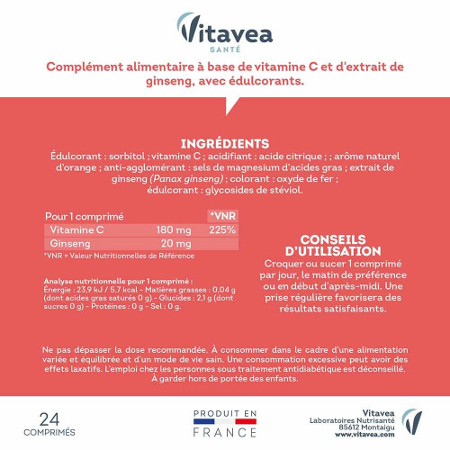 VITAVEA Vit C+Ginseng : Énergie & Vitalité - 24 Cpr Croquables