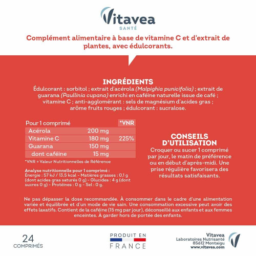 VITAVEA Vitamine C+Guarana : Énergie & Vitalité en Comprimés Croquants