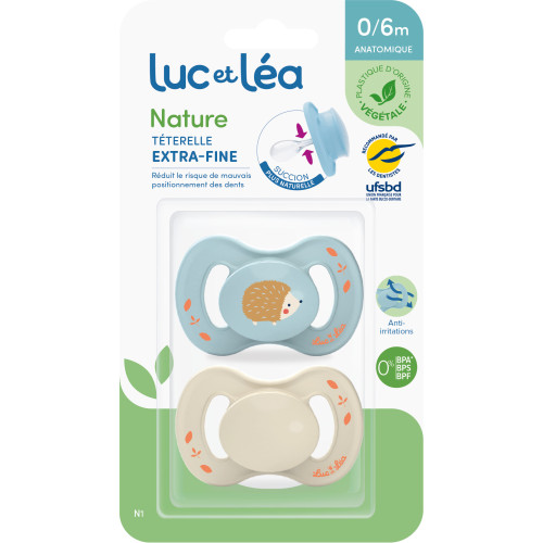 Nature 2 Sucettes Anatomiques Téterelle Extra-Fine 0-6 Mois - Bleu Hérisson et Beige