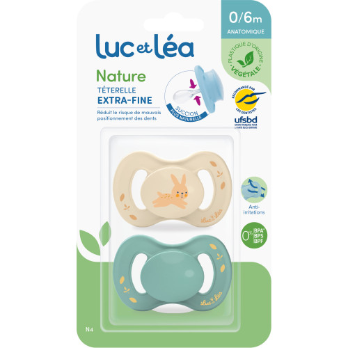 Nature 2 Sucettes Anatomiques Téterelle Extra-Fine 0-6 Mois Beige Lapin et Bleu
