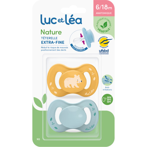 Nature 2 Sucettes Anatomiques Téterelle Extra-Fine 6-18 Mois - Jaune Ours et Bleu