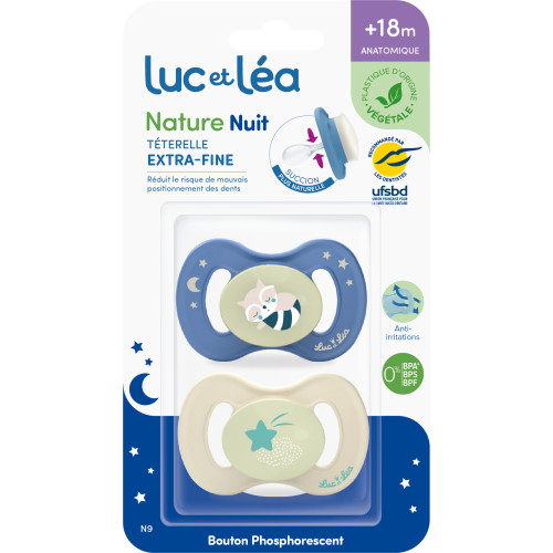 Nature Nuit 2 Sucettes Anatomiques Téterelle Extra-Fine 18+ Mois - Raton-Laveur
