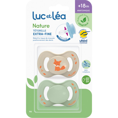 Nature 2 Sucettes Anatomiques Téterelle Extra-Fine 18+ Mois - Taupe Renard et Vert