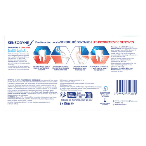 Sensodyne Dentifrice Sensibilité Gencives 2x75ml Soulagement Douleur