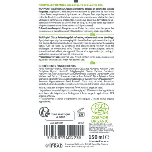 Rap Phyto Gel Jambes Légères 2x150ml Fraîcheur Bio Agrumes